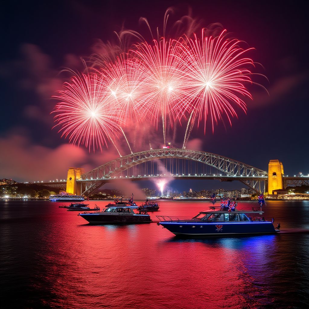 Australia Day celebration with fireworks over harbor