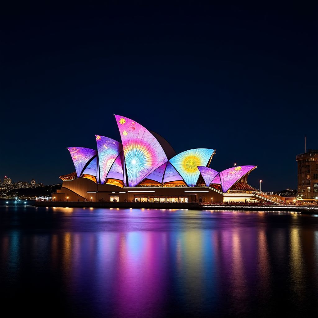 Vivid Sydney light festival with Opera House illuminated